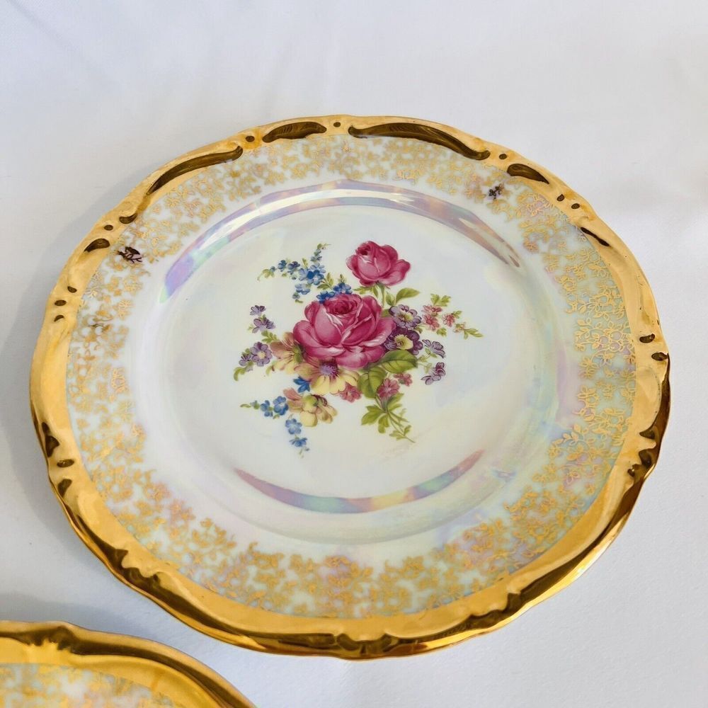 3 Antique Bavaria Heavily Gold Gild Luster Dessert Plates Pink Roses Flowers - Picture 4 of 9